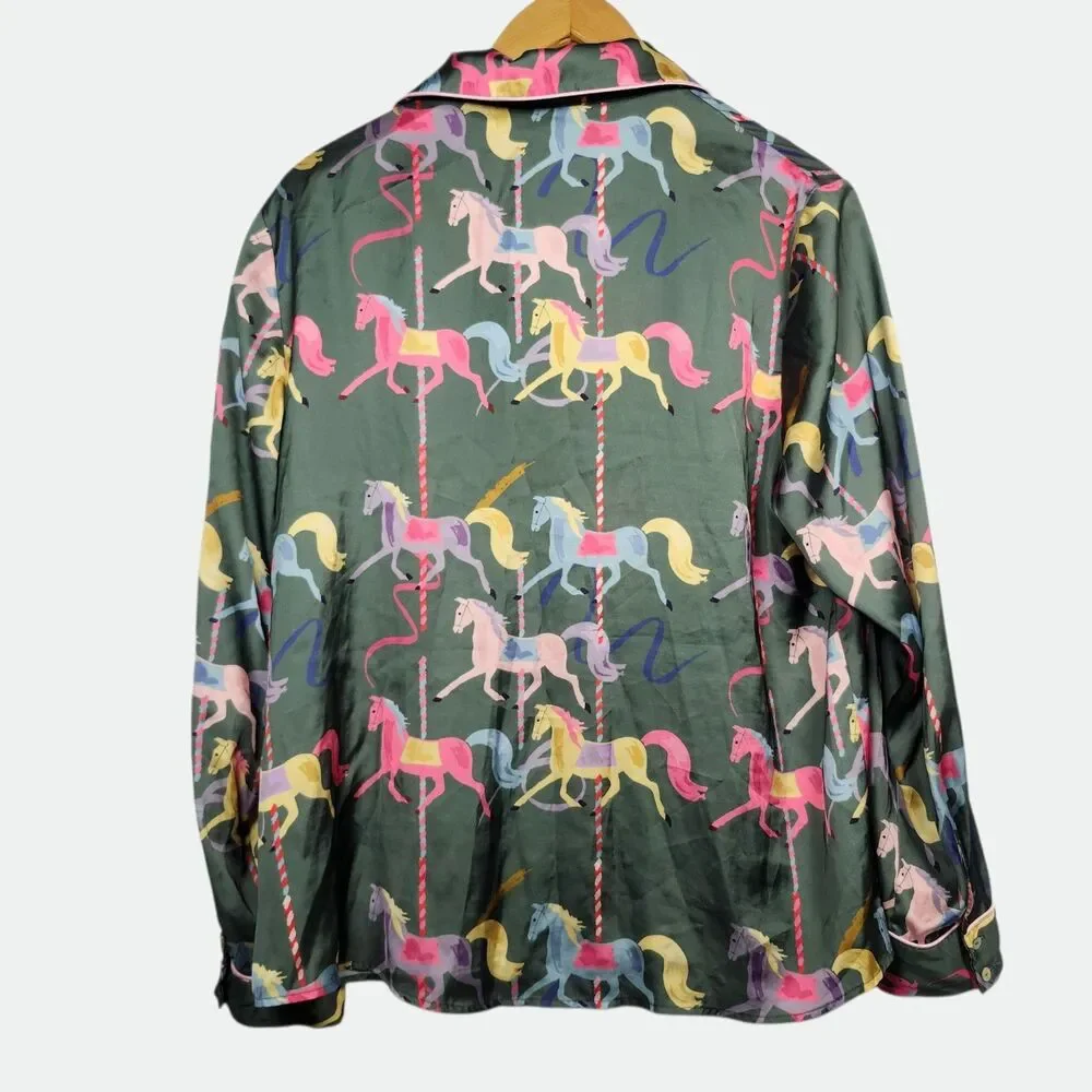 Karen Mabon Whimsical CAROUSEL Satin Pajama Shirt Women's Size XLARGE Green RARE